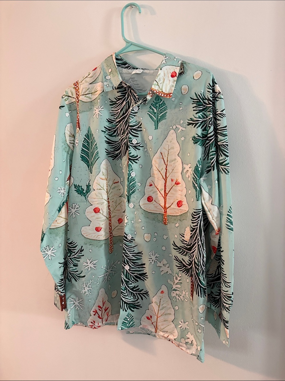 Mens Holiday Print Button-Up Shirt - Light Aqua
